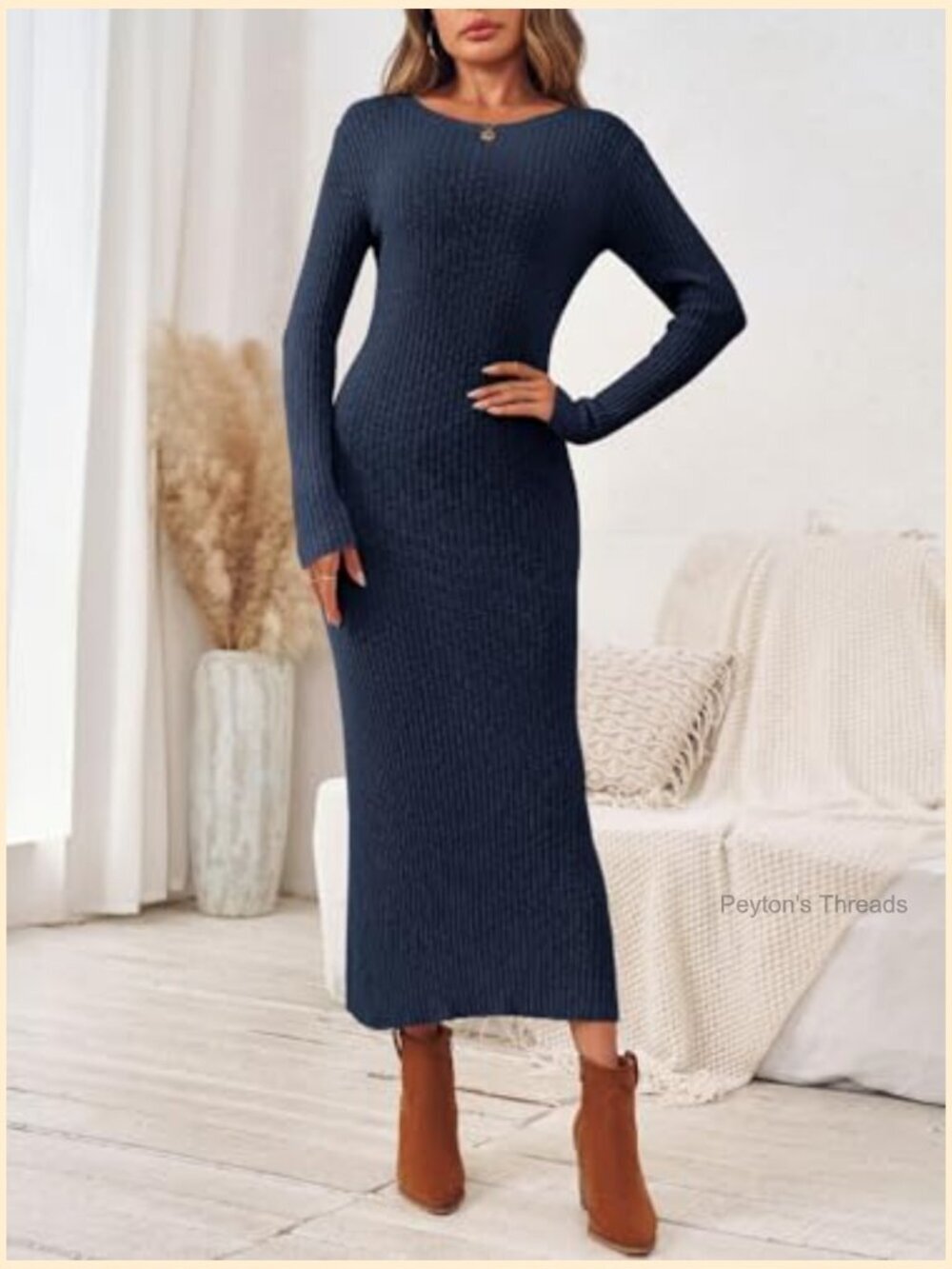Ribbed Knit Long Sleeve Sweater Maxi Dress Bodycon Slim Fit Casual Fall - Picture 3 of 7